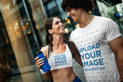 Sports Bra and T-Shirt Mockup of a Woman Laughing with Her Boyfriend