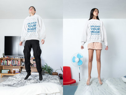 Sweatshirt Mockup Featuring a Man and a Woman Jumping 