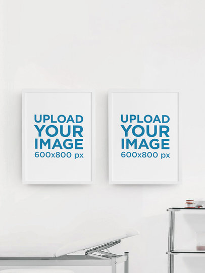 Mockup of a Two Vertical Art Prints Hanging on a Clinic's Wall