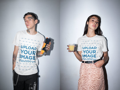 T-Shirt Mockup of a Man and a Woman Posing with Orange Juice