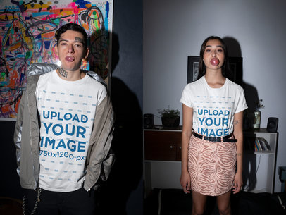 T-Shirt Mockup of a Young Couple with Tattoos Doing Funny Faces 