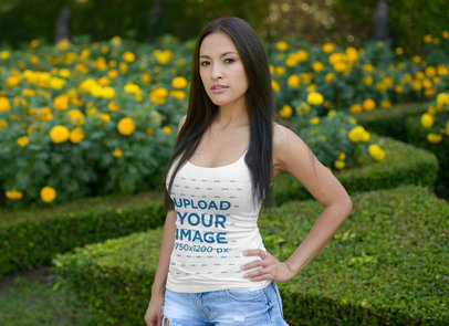Tank Top Mockup of a Straight-Haired Woman Enjoying Spring at a Park