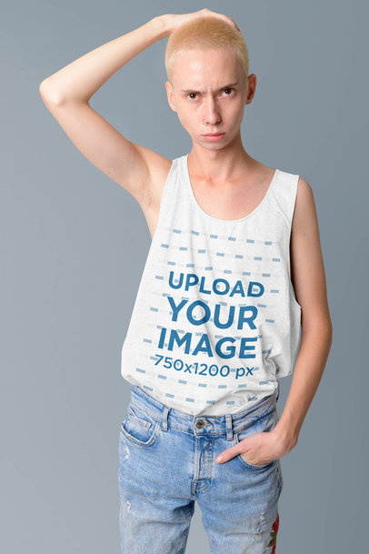 Tank Top Mockup Featuring a Young Man with Short Hair at a Studio
