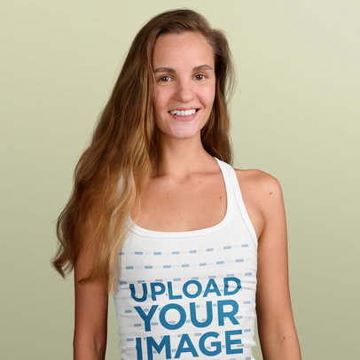 Tank Top Mockup Featuring a Happy Long-Haired Woman Against a Plain Background