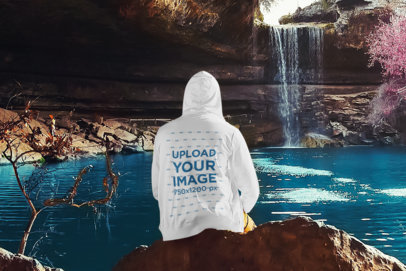 Hoodie Mockup of a Man Enjoying The View of a Waterfall