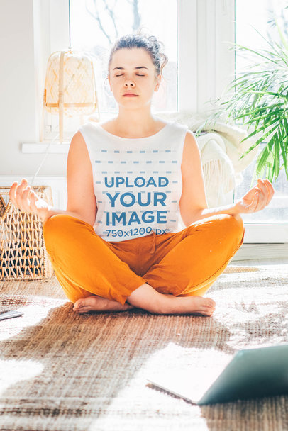 Tank Top Mockup of a Woman Meditating in Her Living Room 45330-r-el2