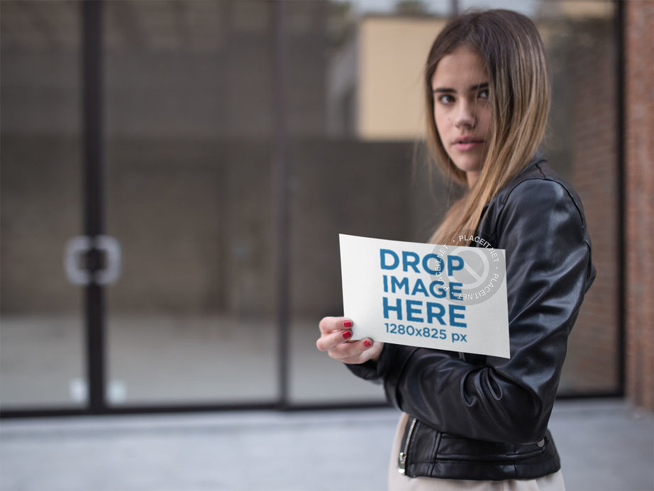 Template of a Woman Holding a Flyer While Walking in the City