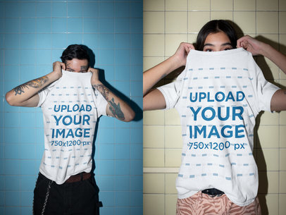 T-Shirt Mockup of a Man and a Woman Covering Their Faces