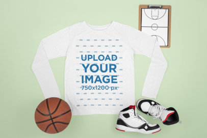 Long Sleeve Tee Mockup Featuring Basketball Sneakers and a Ball m662