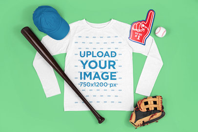 Long-Sleeve Tee Mockup Featuring a Baseball Glove m658