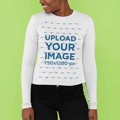Long Sleeve Tee Mockup of a Smiling Woman Standing in a Studio