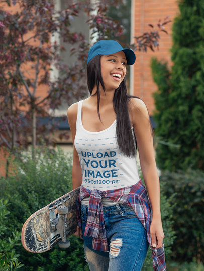 Tank Top Mockup of a Young Female Skater Outside a House 