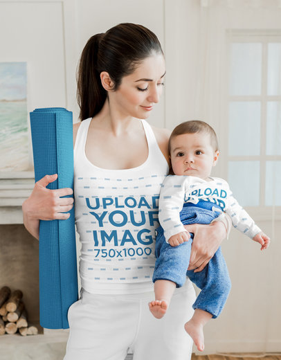 T-Shirt and Onesie Mockup of a Mother Carrying Her Baby 43903-r-el2