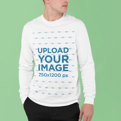 Cropped Face Mockup of a Man Wearing a Long Sleeve Tee at a Studio