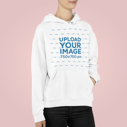 Pullover Hoodie Mockup Featuring a Woman Inside a Studio 