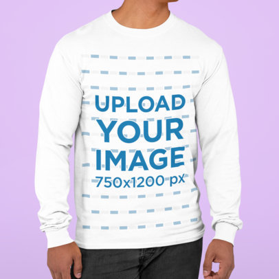 Long Sleeve Tee Mockup Featuring a Man Standing Against a Plain Backdrop