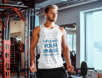 Tank Top Mockup Featuring a Muscled Man at a Gym