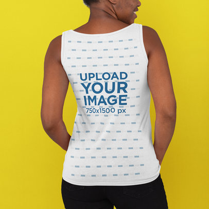 Back View Mockup of a Woman Wearing a Customizable Tank Top Against a Plain Background 