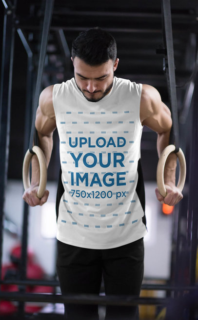 Sleeveless Shirt Mockup of a Man Training on Gymnastic Rings