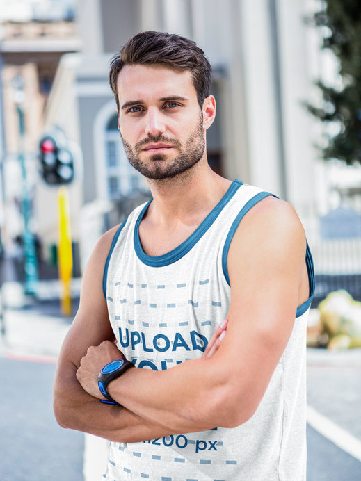 Mockup of a Serious Man Wearing a Ringer Tank Top