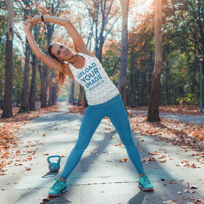 Sublimated Tank Top Mockup of a Fitness Woman Stretching 