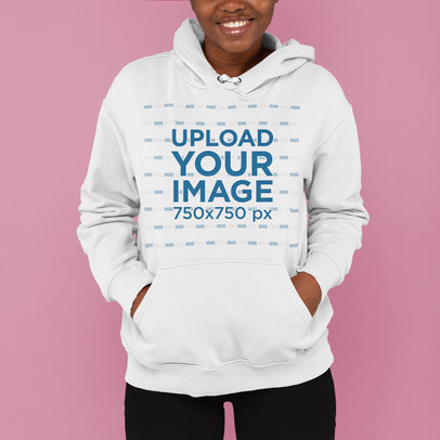 Cropped Face Mockup of a Woman Wearing a Hoodie at a Studio