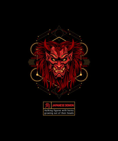 Illustrated T-Shirt Design Template Featuring a Japanese Horned Demon Mask 