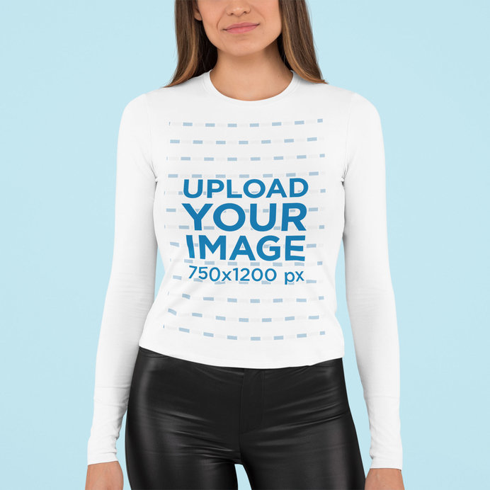 Long Sleeve Tee Mockup Featuring a Long-Haired Woman in a Studio