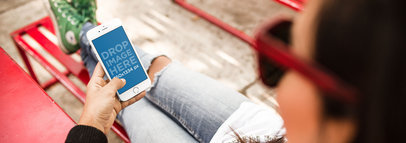 Hipster Girl in the Lunch Area Using her White iPhone 6 Mockup While Taking a Break a14214wide