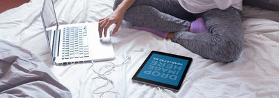 iPad Mockup of a Woman Using Her Digital Devices in Bed 14261w