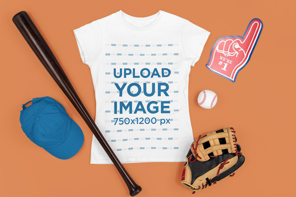 Mockup of a Women's Tee Surrounded by Baseball Items 