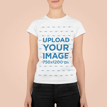 T-Shirt Mockup Featuring a Smiling Woman at a Studio