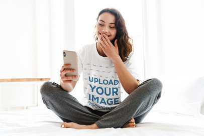 T-Shirt Mockup Featuring a Woman Having a Video call on Her Mobile 45512-r-el2