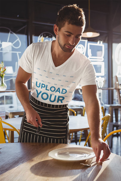 V-Neck T-Shirt Mockup Featuring a Waiter at Work