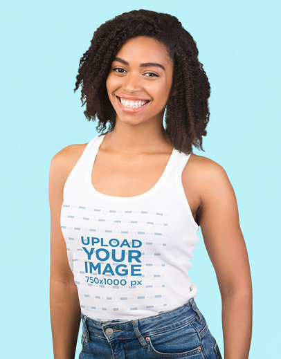 Tank Top Mockup Featuring a Happy Curly-Haired Woman at a Studio
