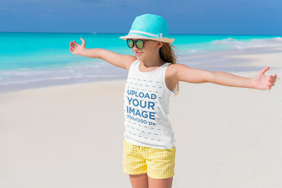 Tank Top Mockup of a Happy Girl With Sunglasses at the Beach