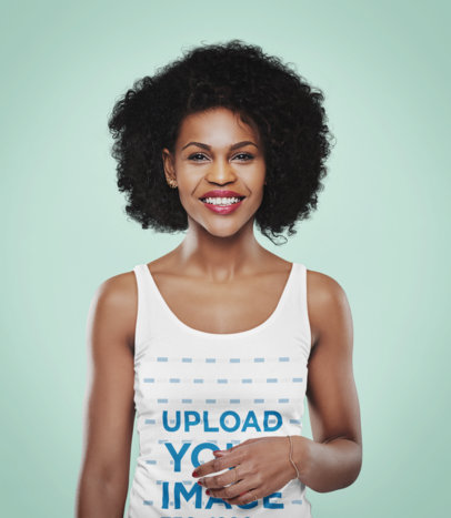 Tank Top Mockup Featuring a Curly-Haired Woman Against a Plain Backdrop