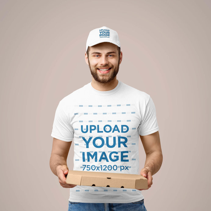T-Shirt Mockup Featuring a Pizza Delivery Guy with a Dad Hat 