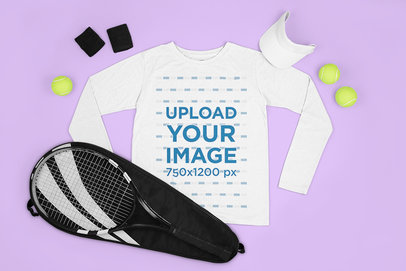  Mockup Featuring a Customizable Long Sleeve Tee Surrounded by Tennis Equipment