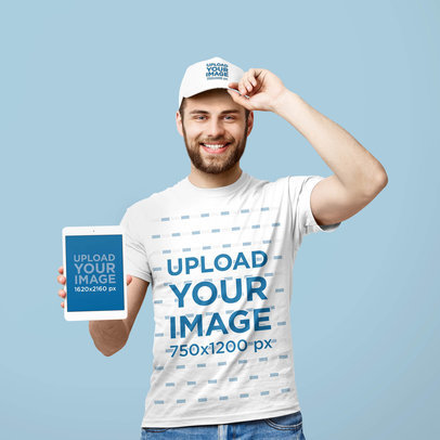 T-Shirt and Dad Hat Mockup Featuring a Man Holding an iPad Mini 