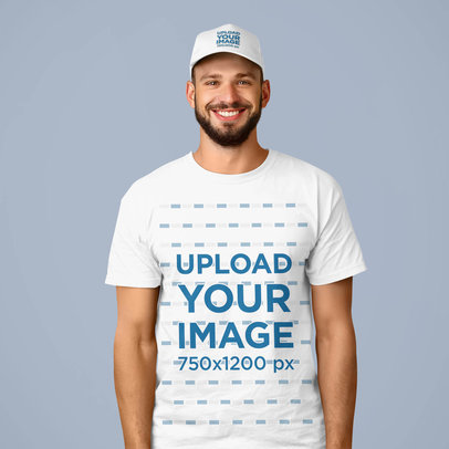 Mockup of a Smiling Man Wearing a Dad Hat and a Tee at a Studio 