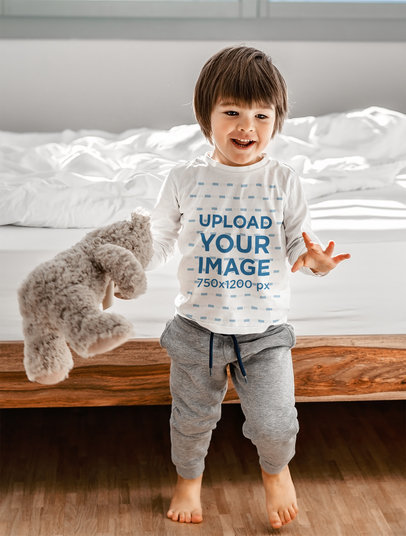 Long-Sleeve Tee Mockup of a Boy with a Teddy Bear