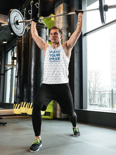 Sublimated Tank Top Mockup of a Man Doing an Overhead Press