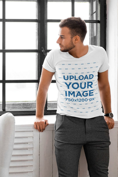 V-Neck T-Shirt Mockup of a Man Leaning on a Window at Home 45499-r-el2