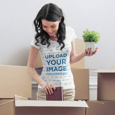 T-Shirt Mockup of a Woman Unpacking After Moving