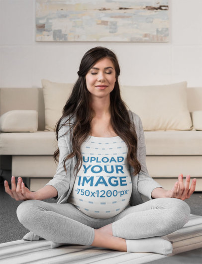 Tank Top Mockup of a Pregnant Woman Meditating at Home