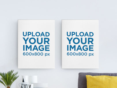 Canvas Mockup Featuring Two Art Prints Hanging in a Living Room 