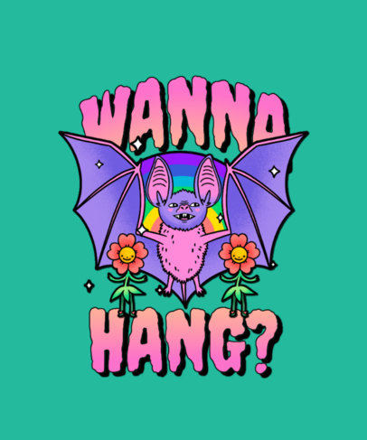 T-Shirt Design Template Featuring a Colorful Psychedelic Bat and Dancing Flowers 3241g