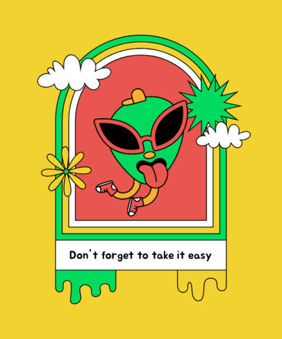 Cartoonish T-Shirt Design Template Featuring a Quote and a Trippy Alien Graphic 