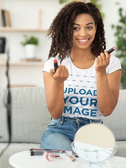 T-Shirt Mockup of a Woman Recording a Makeup Tutorial